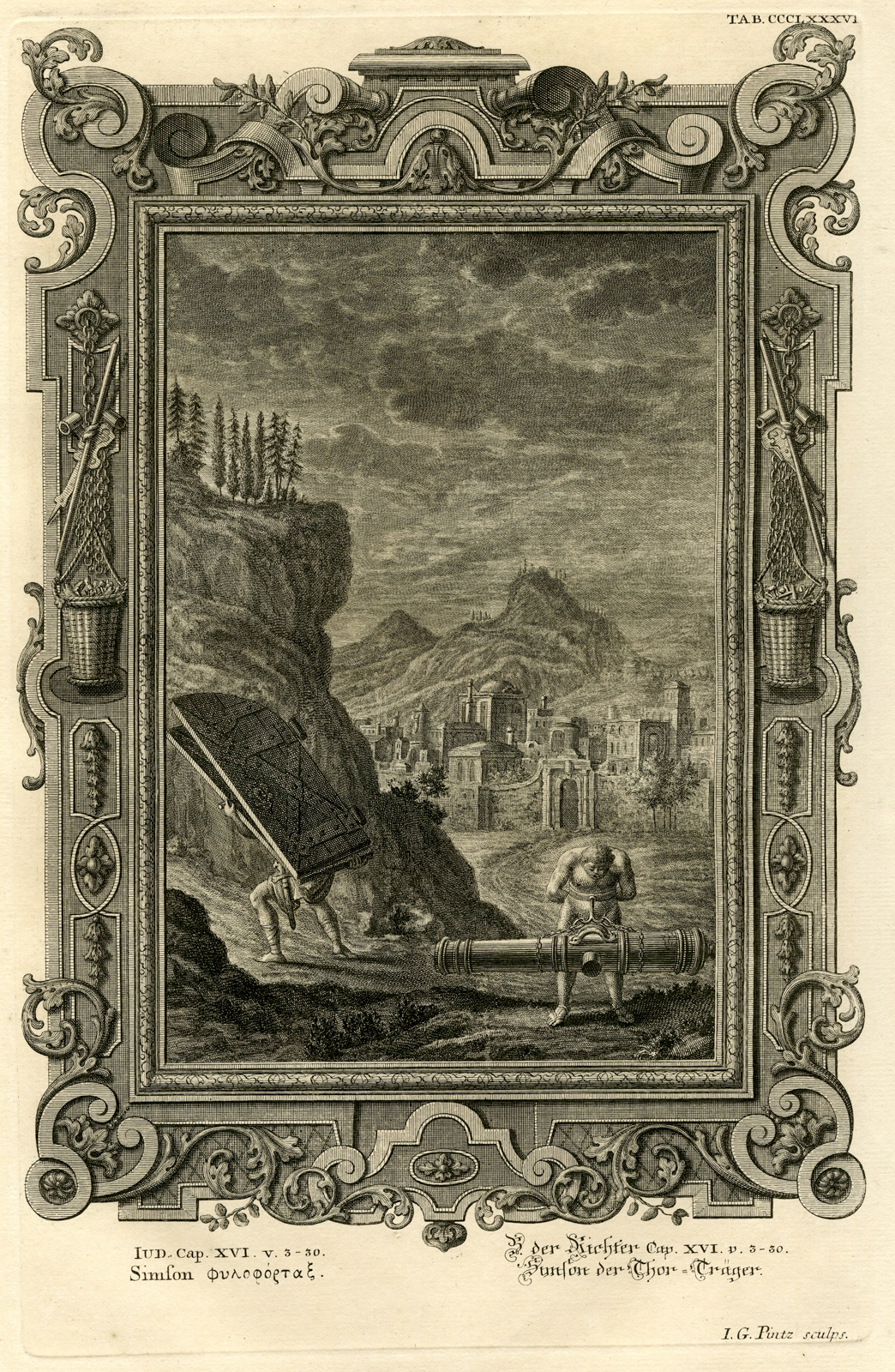 , Antique Print-SAMSON CARRIES DOORS-CITY GATE-TAB.CCCLXXXVI-Scheuchzer-c.1731, Pictura Antique Prints