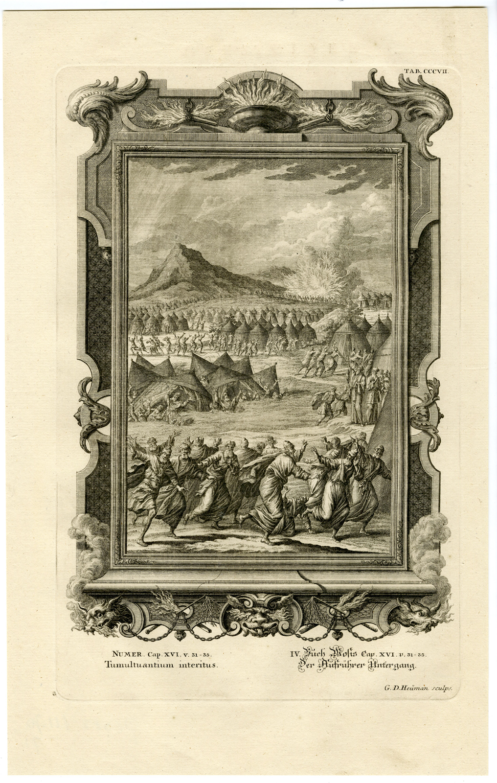 , Antique Print-MOSES-KORAH-EARTH OPENS ITS MOUTH-TAB.CCCVII-Scheuchzer-c.1731, Pictura Antique Prints