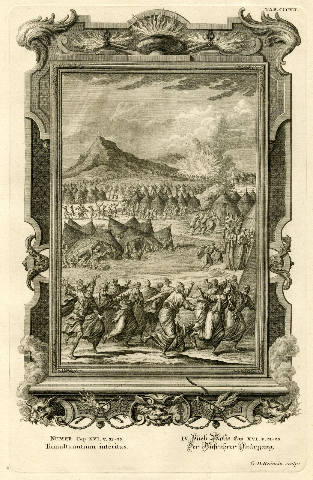 , Antique Print-MOSES-KORAH-EARTH OPENS ITS MOUTH-TAB.CCCVII-Scheuchzer-c.1731, Pictura Antique Prints