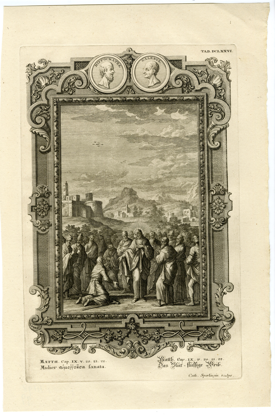 , Antique Print-JESUS HEALS A SICK WOMAN-MATTHEW-TAB.DCLXXVI-Scheuchzer-c.1731, Pictura Antique Prints