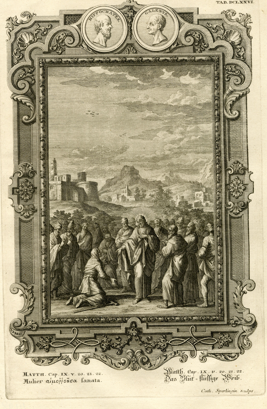 , Antique Print-JESUS HEALS A SICK WOMAN-MATTHEW-TAB.DCLXXVI-Scheuchzer-c.1731, Pictura Antique Prints