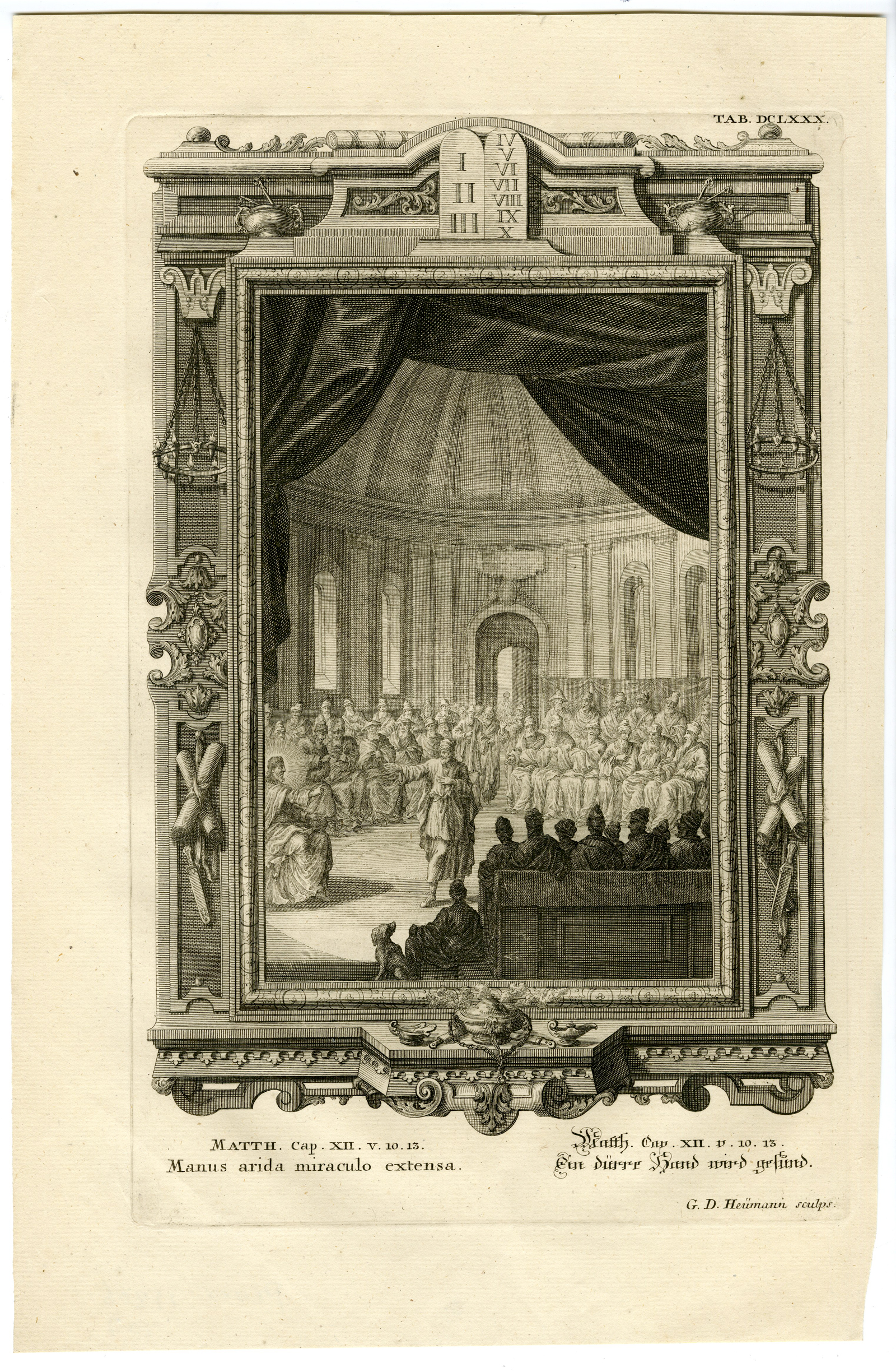 , Antique Print-JESUS-HEALING-MAN- SHRIVELED HAND-TAB.DCLXXX-Scheuchzer-c.1731, Pictura Antique Prints