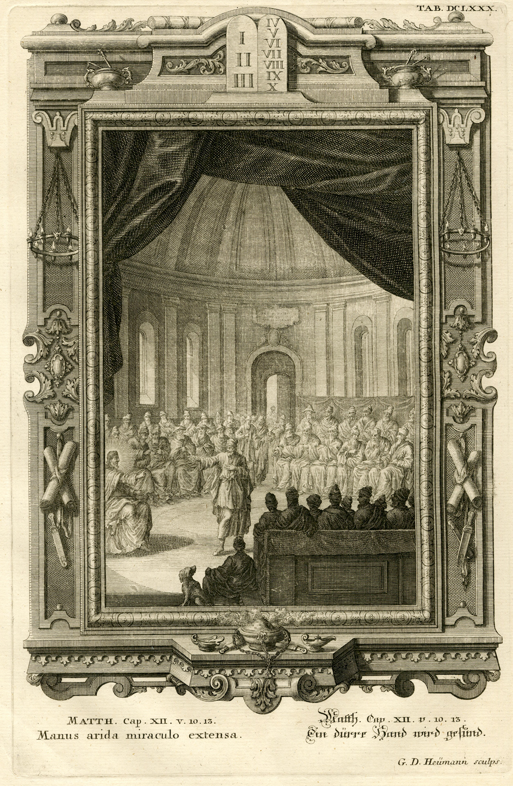 , Antique Print-JESUS-HEALING-MAN- SHRIVELED HAND-TAB.DCLXXX-Scheuchzer-c.1731, Pictura Antique Prints
