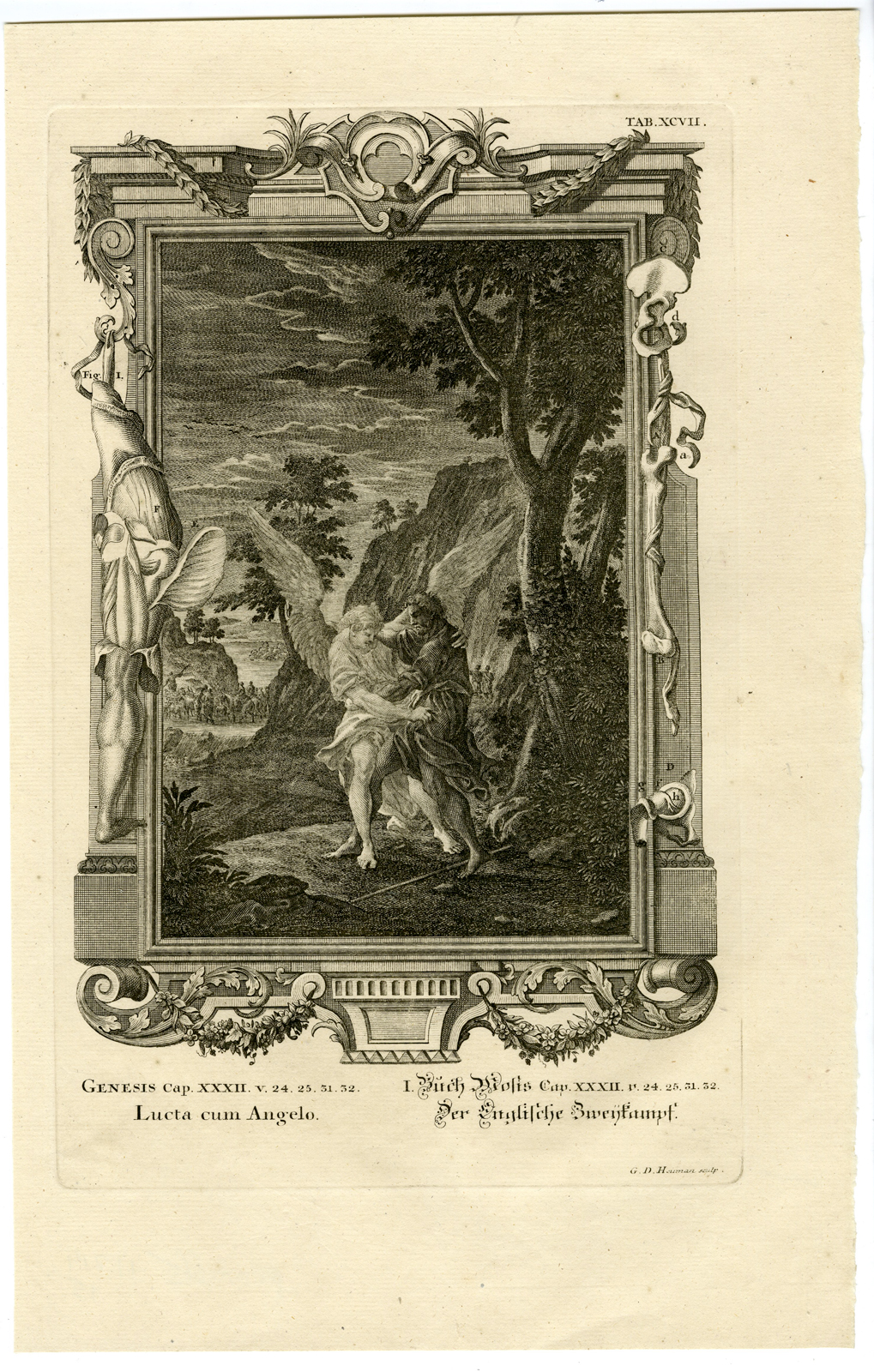 , Antique Print-JACOB WRESTLES WITH GOD-GENESIS-TAB.XCVII-Scheuchzer-c.1731, Pictura Antique Prints