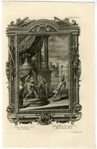 Antique Print-KING SAUL-DAVID-ANGRY-LYRE-SPEAR-TAB.CCCXCVI-Scheuchzer-c.1731