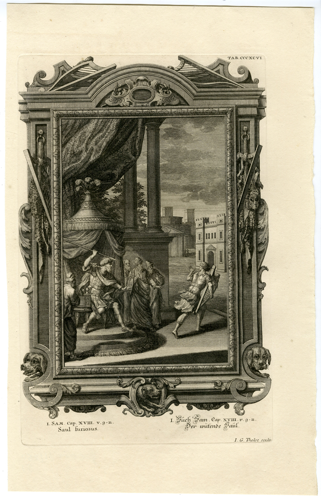 , Antique Print-KING SAUL-DAVID-ANGRY-LYRE-SPEAR-TAB.CCCXCVI-Scheuchzer-c.1731, Pictura Antique Prints