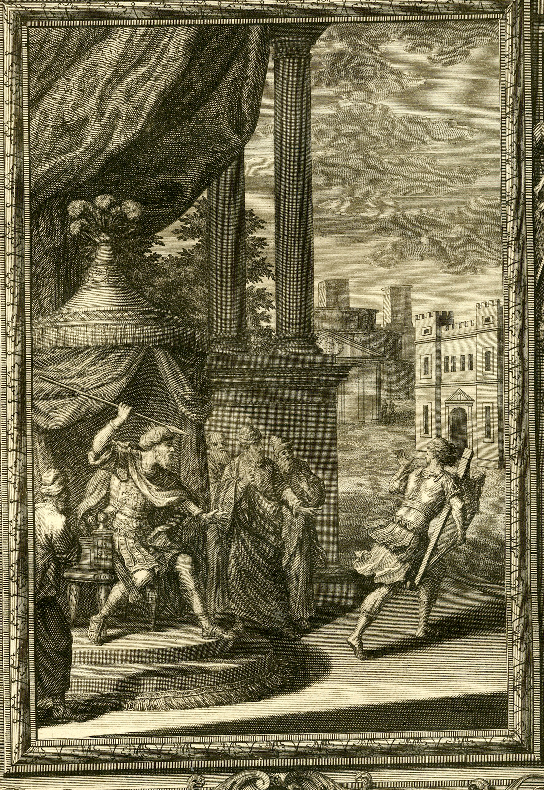 , Antique Print-KING SAUL-DAVID-ANGRY-LYRE-SPEAR-TAB.CCCXCVI-Scheuchzer-c.1731, Pictura Antique Prints