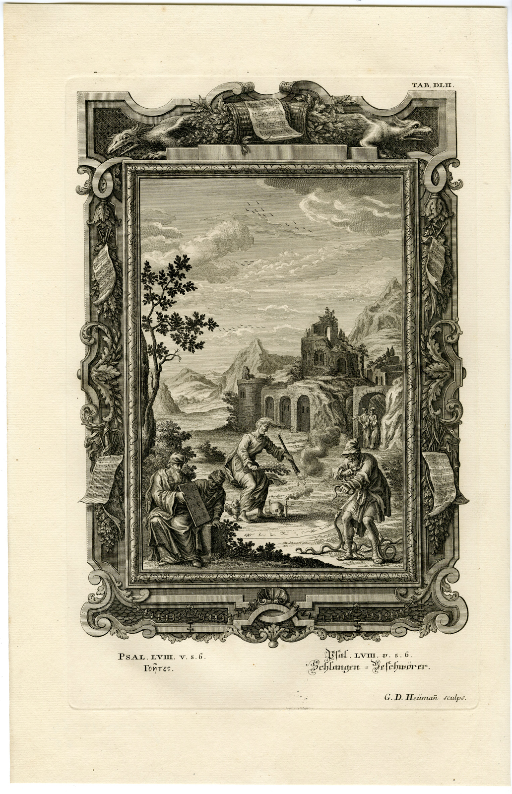 , Antique Print-SNAKE CHARMERS-PSALMS-TAB.DLII-Scheuchzer-c.1731, Pictura Antique Prints
