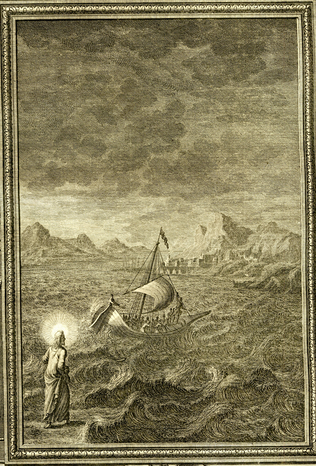 , Antique Print-JESUS WALKS ON THE WATER-TAB.DCLXXXV-Scheuchzer-c.1731, Pictura Antique Prints