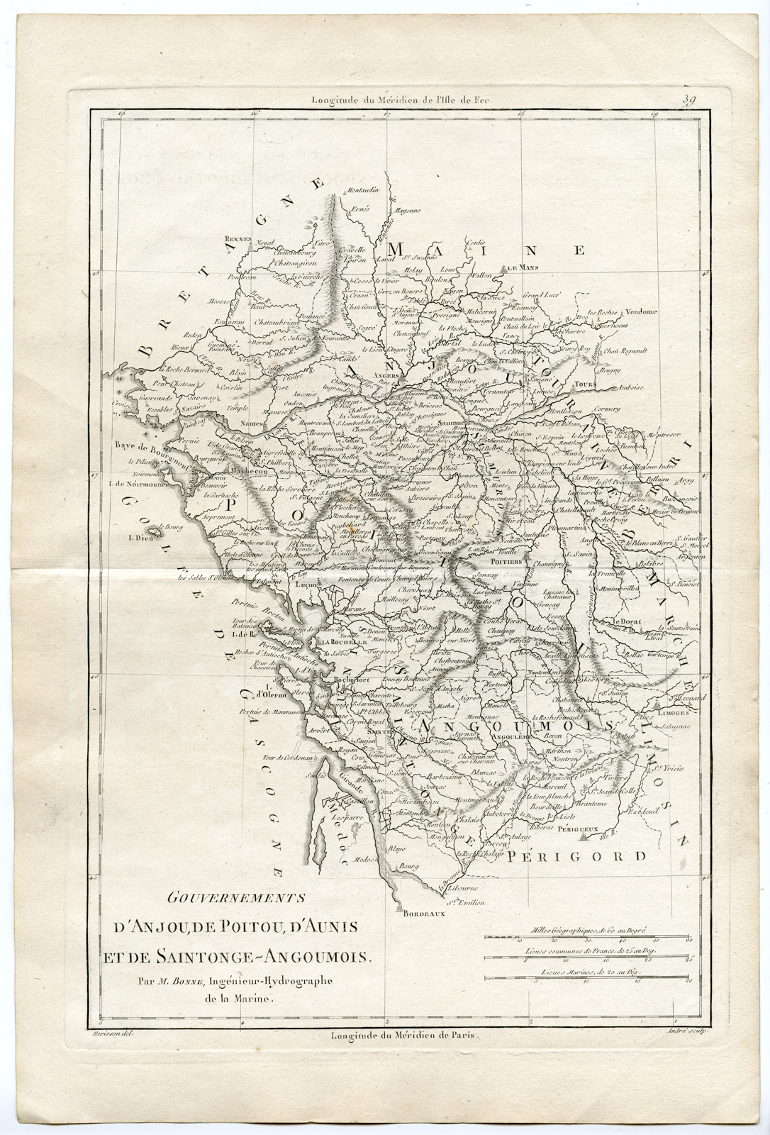 , Antique Print-FRANCE-PROVINCE-ANJOU-POITOU-AUNIS-SAINTONGE ANGOUMOIS-Bonne-1787, Pictura Antique Prints