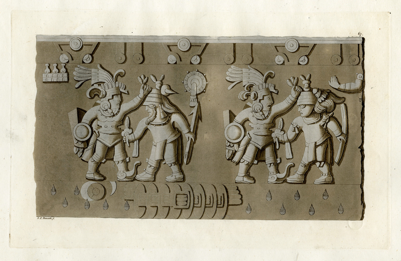 , Antique Print-MEXICO-ANCIENT WARRIORS-PL.LXVII.-Ferrario-Bonatti-c.1827, Pictura Antique Prints