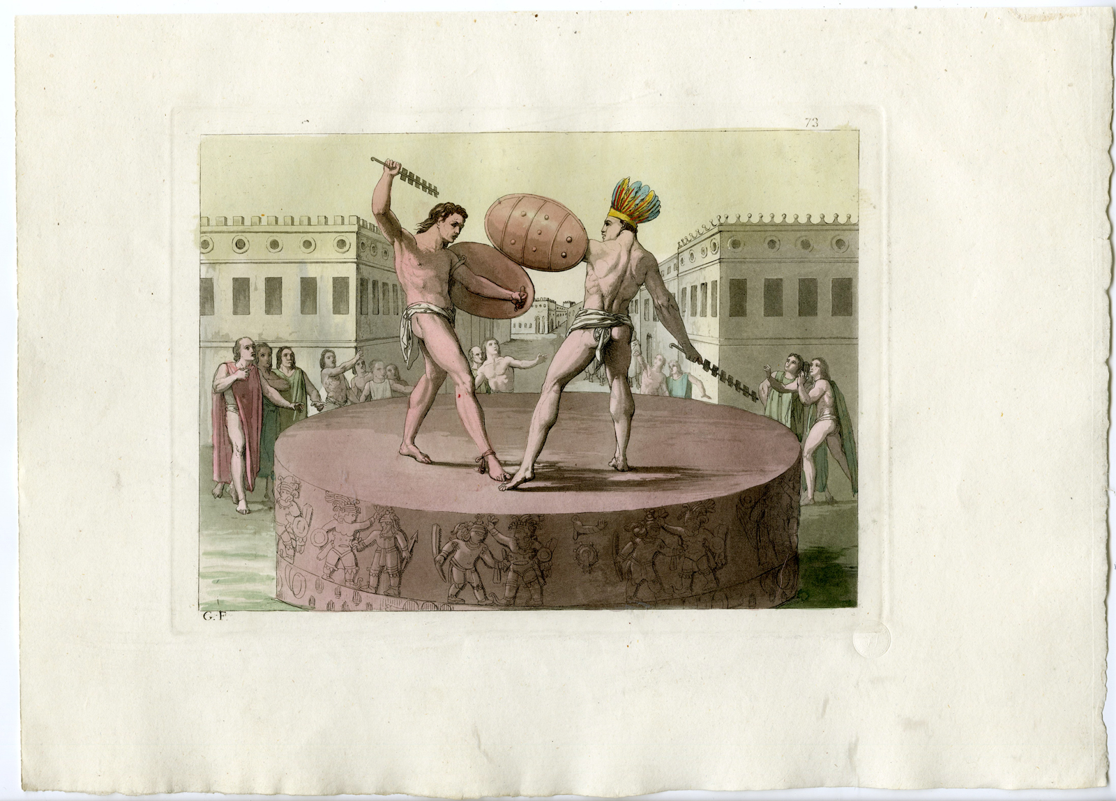, Antique Print-AZTEC-GLADIATORFIGHT-MEXICO-PL.LXXIII.-Ferrario-c.1827, Pictura Antique Prints