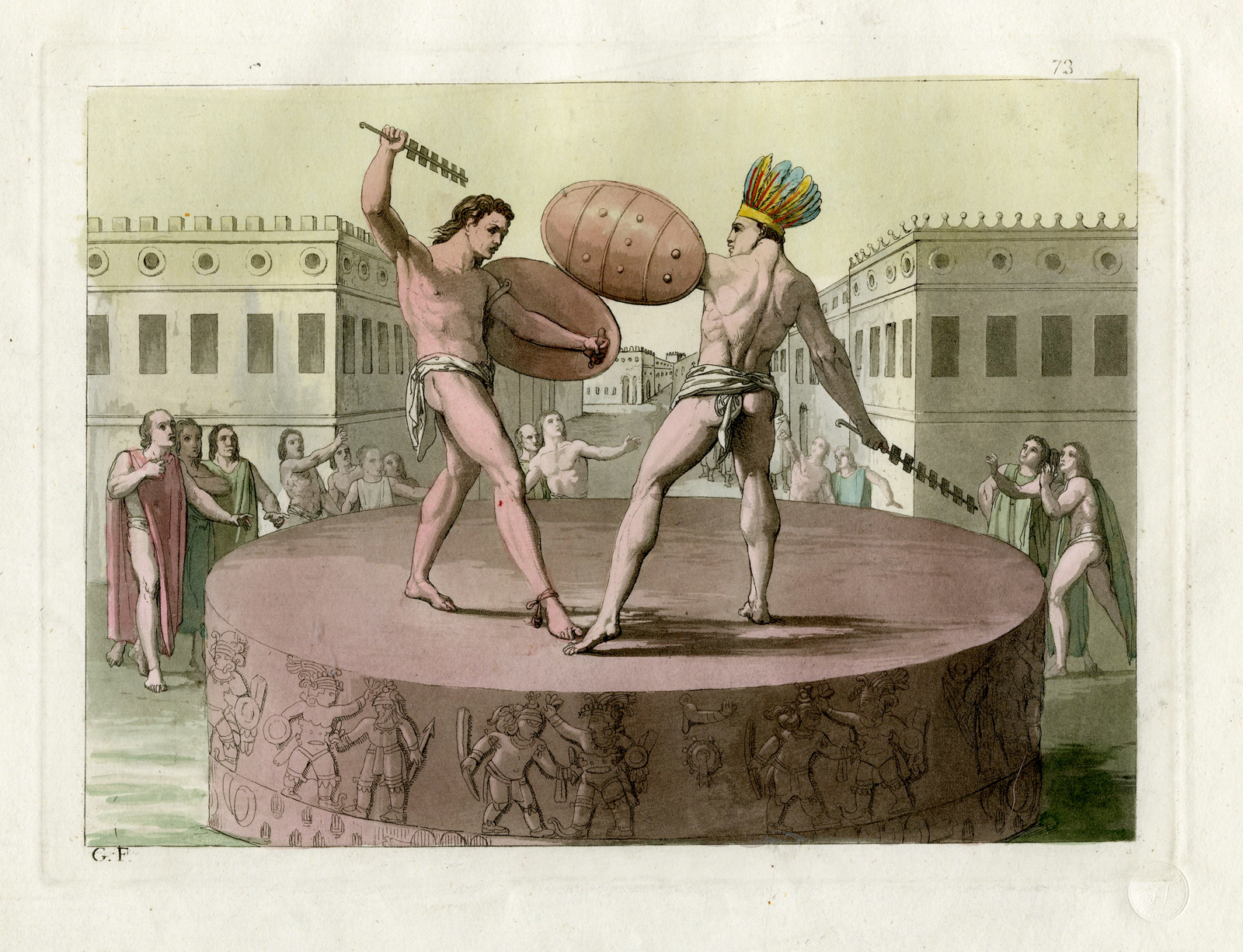 , Antique Print-AZTEC-GLADIATORFIGHT-MEXICO-PL.LXXIII.-Ferrario-c.1827, Pictura Antique Prints