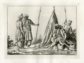 Antique Print-WEAPONS-MONGOLIAN TROOPS-INDIA-PL.XVIII.-Ferrario-Zancon-c.1827