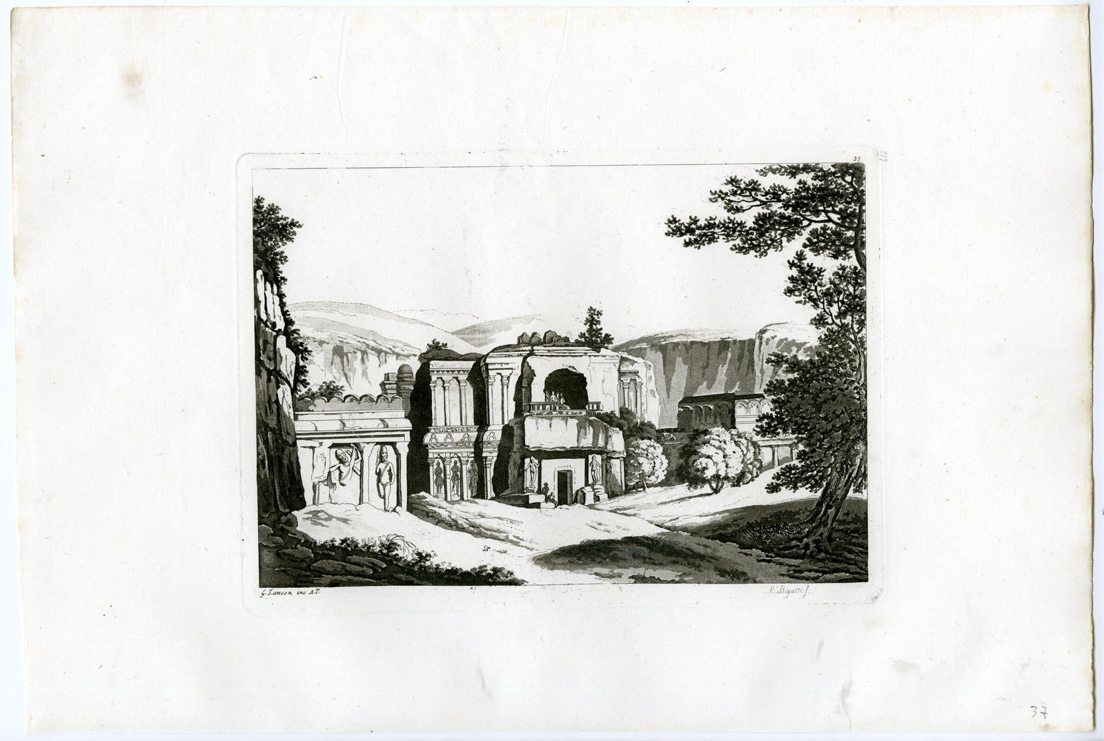, Antique Print-CAVES OF ELLORA-TEMPLES-INDIA-PL.XXXVII.-Ferrario-Bigatti-c.1827, Pictura Antique Prints