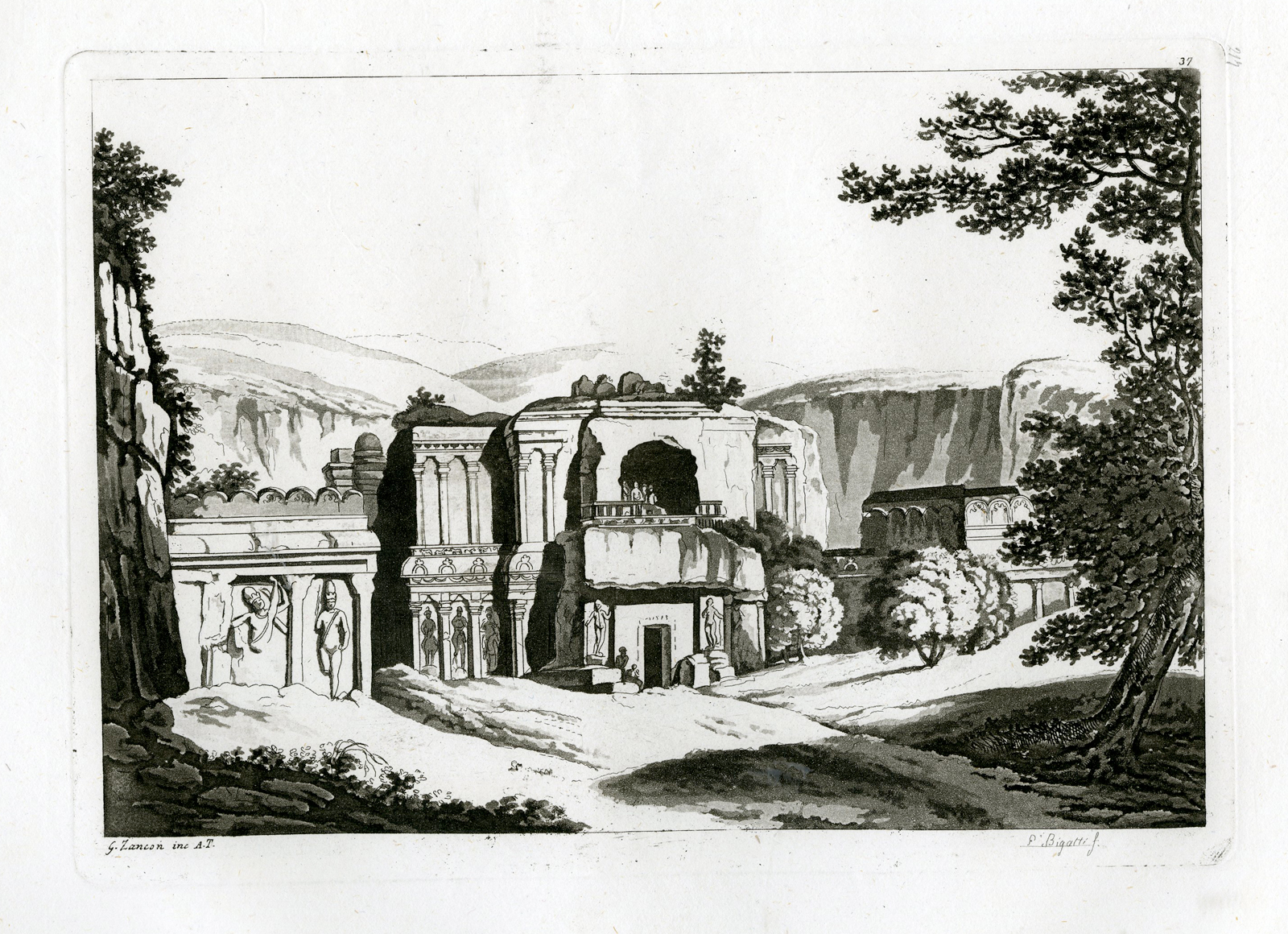 , Antique Print-CAVES OF ELLORA-TEMPLES-INDIA-PL.XXXVII.-Ferrario-Bigatti-c.1827, Pictura Antique Prints