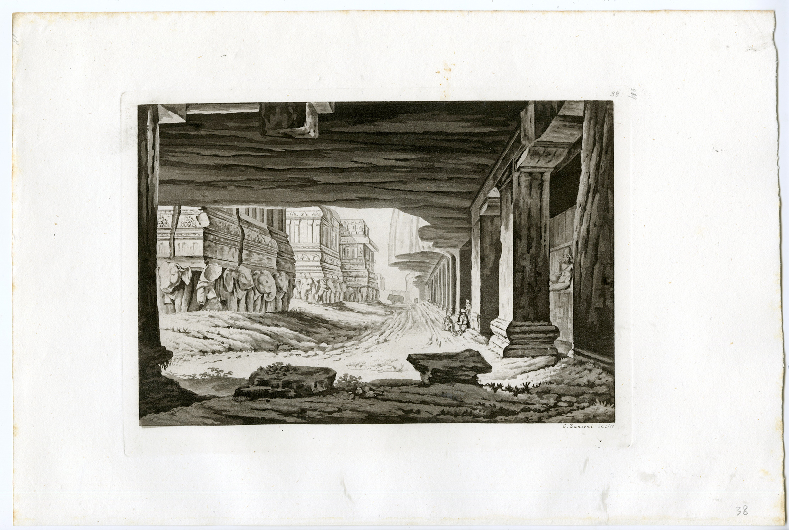 , Antique Print-CAVES OF ELLORA-TEMPLES-INDIA-PL.XXXVIII.-Ferrario-Zancon-c.1827, Pictura Antique Prints