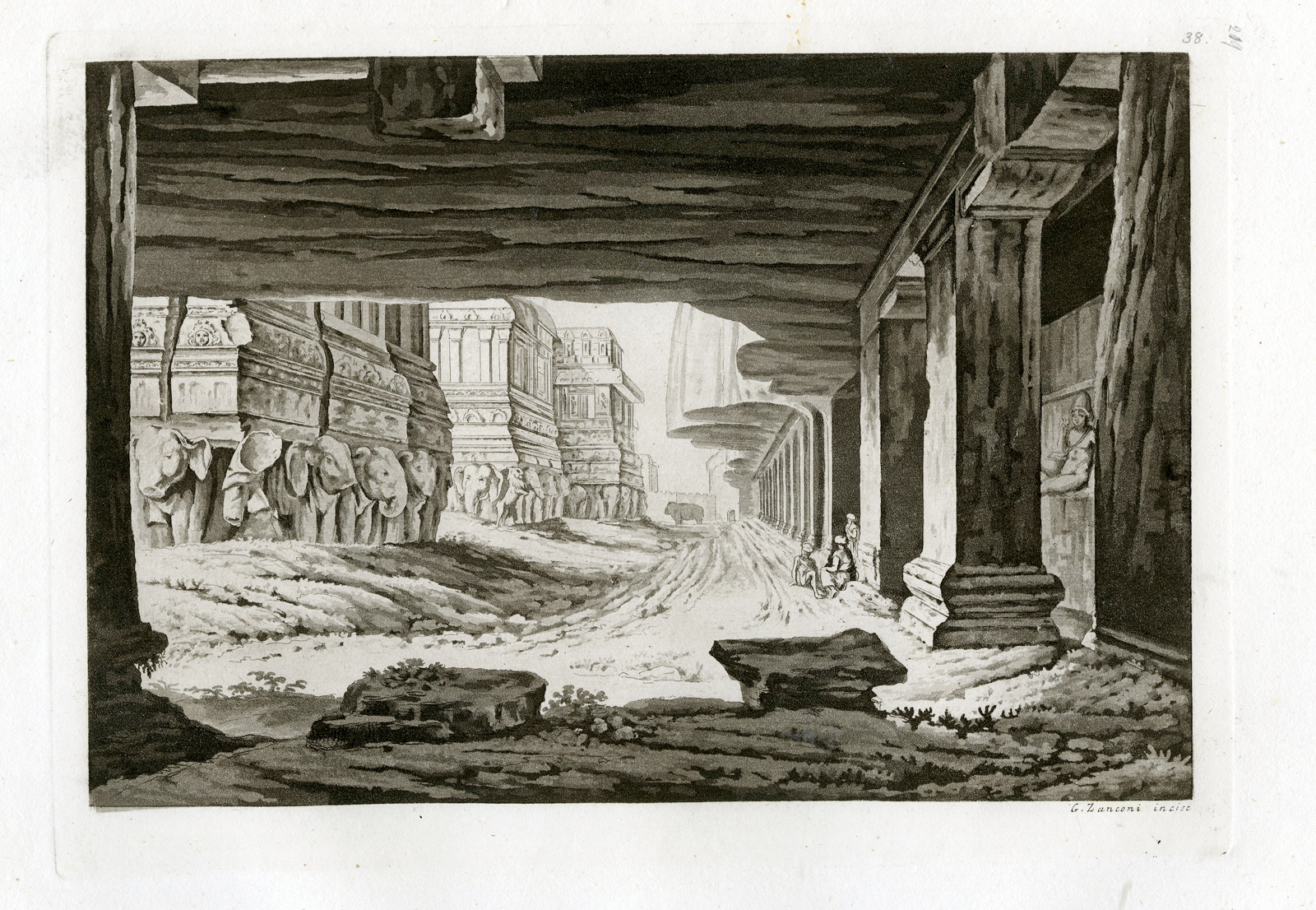 , Antique Print-CAVES OF ELLORA-TEMPLES-INDIA-PL.XXXVIII.-Ferrario-Zancon-c.1827, Pictura Antique Prints
