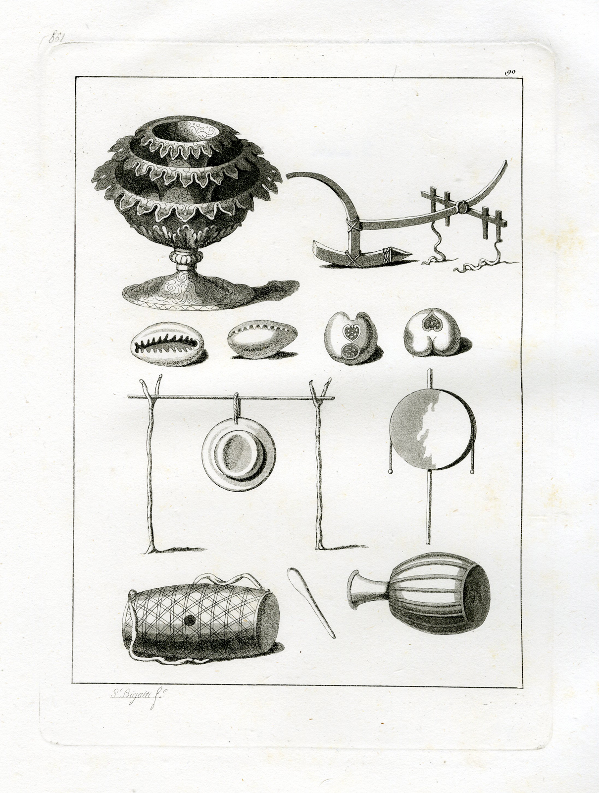 , Antique Print-OBJECTS-SIAM-THAILAND-PL.XC.-Ferrario-Bigatti-c.1827, Pictura Antique Prints