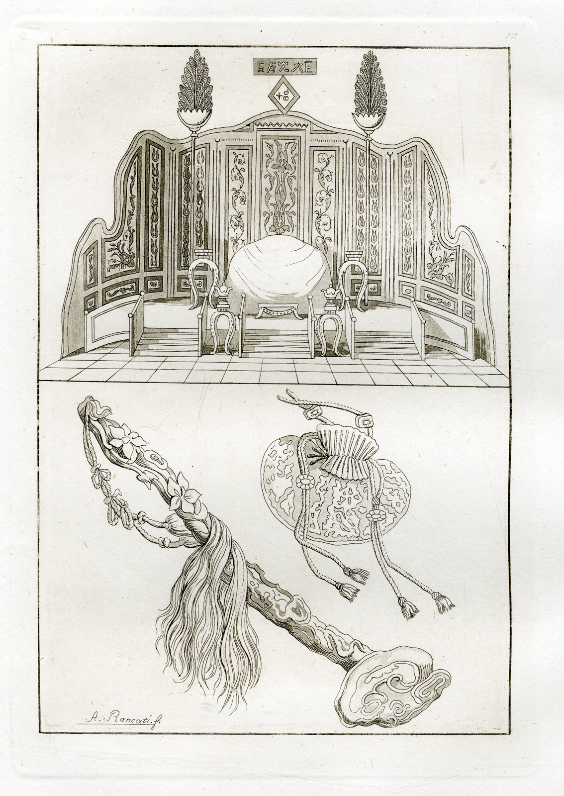 , Antique Print-THRONE-SCEPTER-CHINA-PL.XVII.-Ferrario-Rancati-c.1827, Pictura Antique Prints