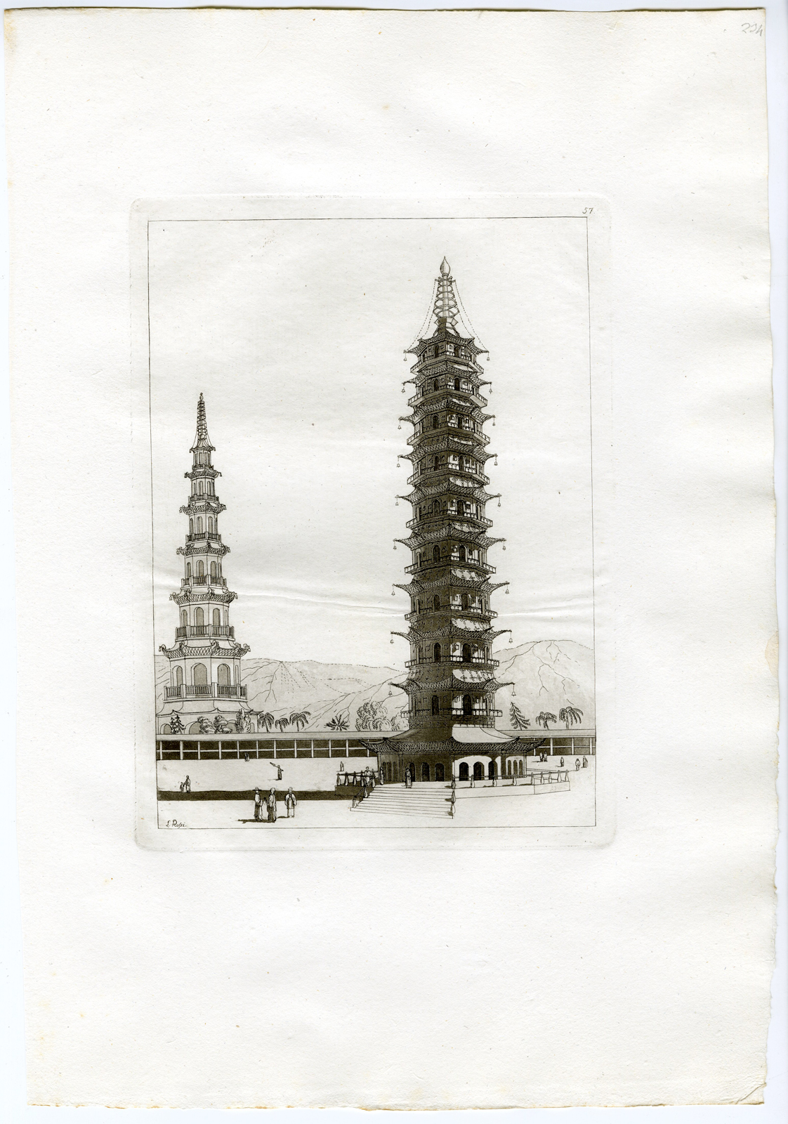, Antique Print-NANJING-TOWER-BUILDING-CHINA-PL.LVII.-Ferrario-Rossi-c.1827, Pictura Antique Prints