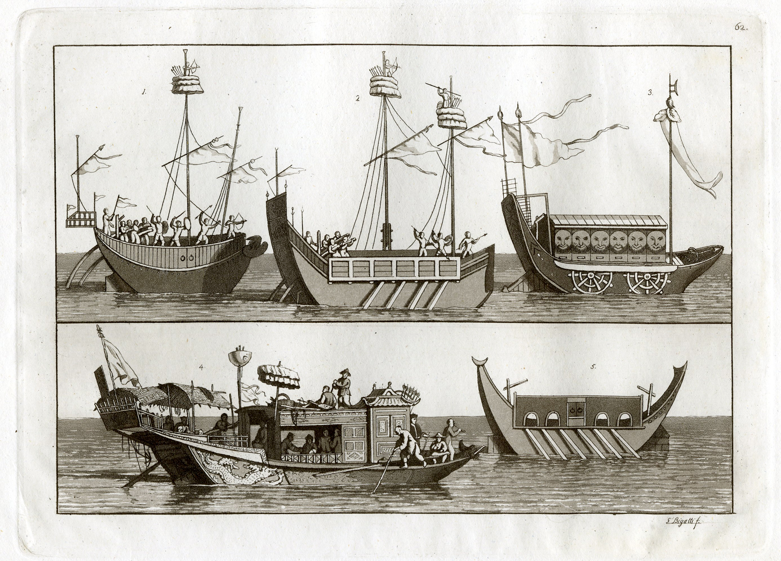 , Antique Print-WAR-SAILING SHIPS-SEA-CHINA-PL.LXII.-Ferrario-Bigatti-c.1827, Pictura Antique Prints