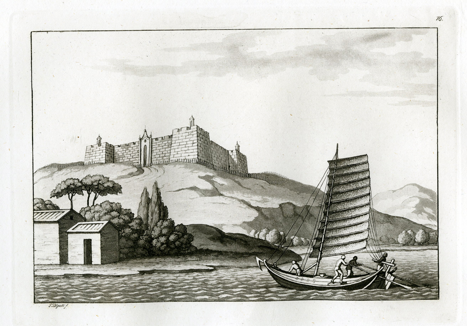 , Antique Print-FORT ZEELANDIA-TAIWAN-SHIP-PL.LXXVI.-Ferrario-Bigatti-c.1827, Pictura Antique Prints