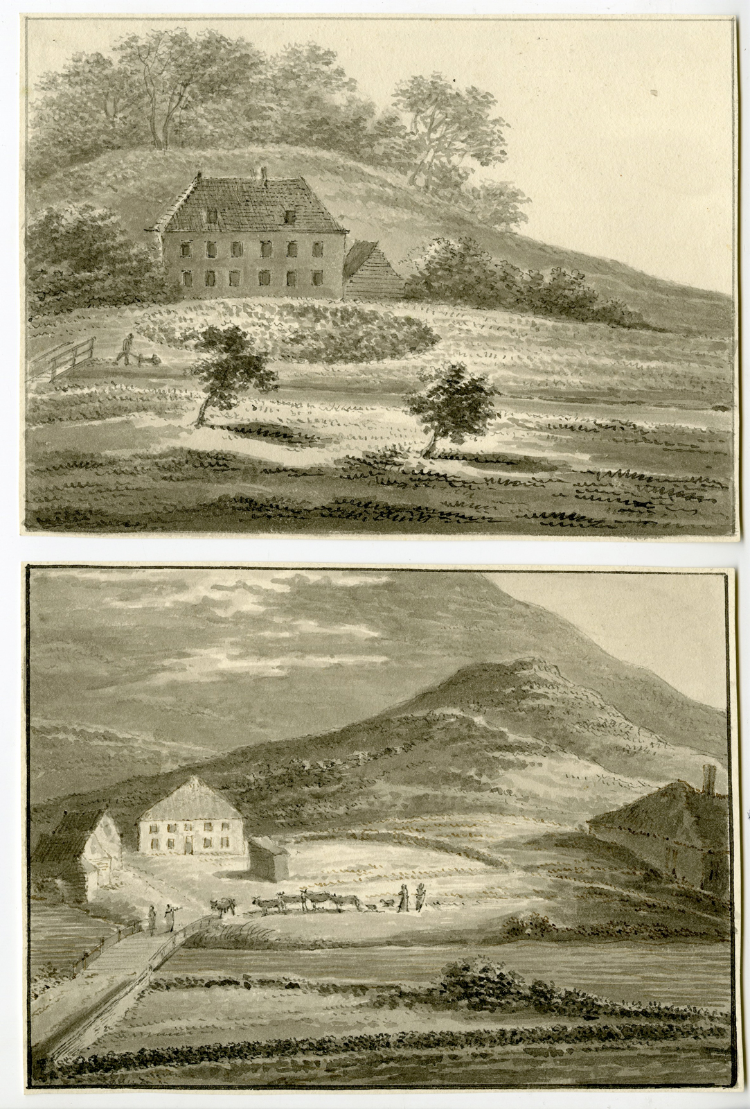 Watercolour Drawing-INDIAN-WILD WEST-CAMP-BUFFALO BILL-Otto Eerelman-c.1883, Set of 3 Drawings-LANDSCAPES-CASTLE-Anonymous-early 19th.c., Pictura Antique Prints