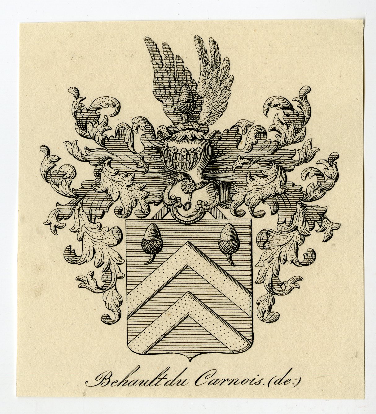 , Antique Print-COAT OF ARMS-FAMILY CREST-DE BAHAULT DU CARNOIS-Weleveld-1830, Pictura Antique Prints