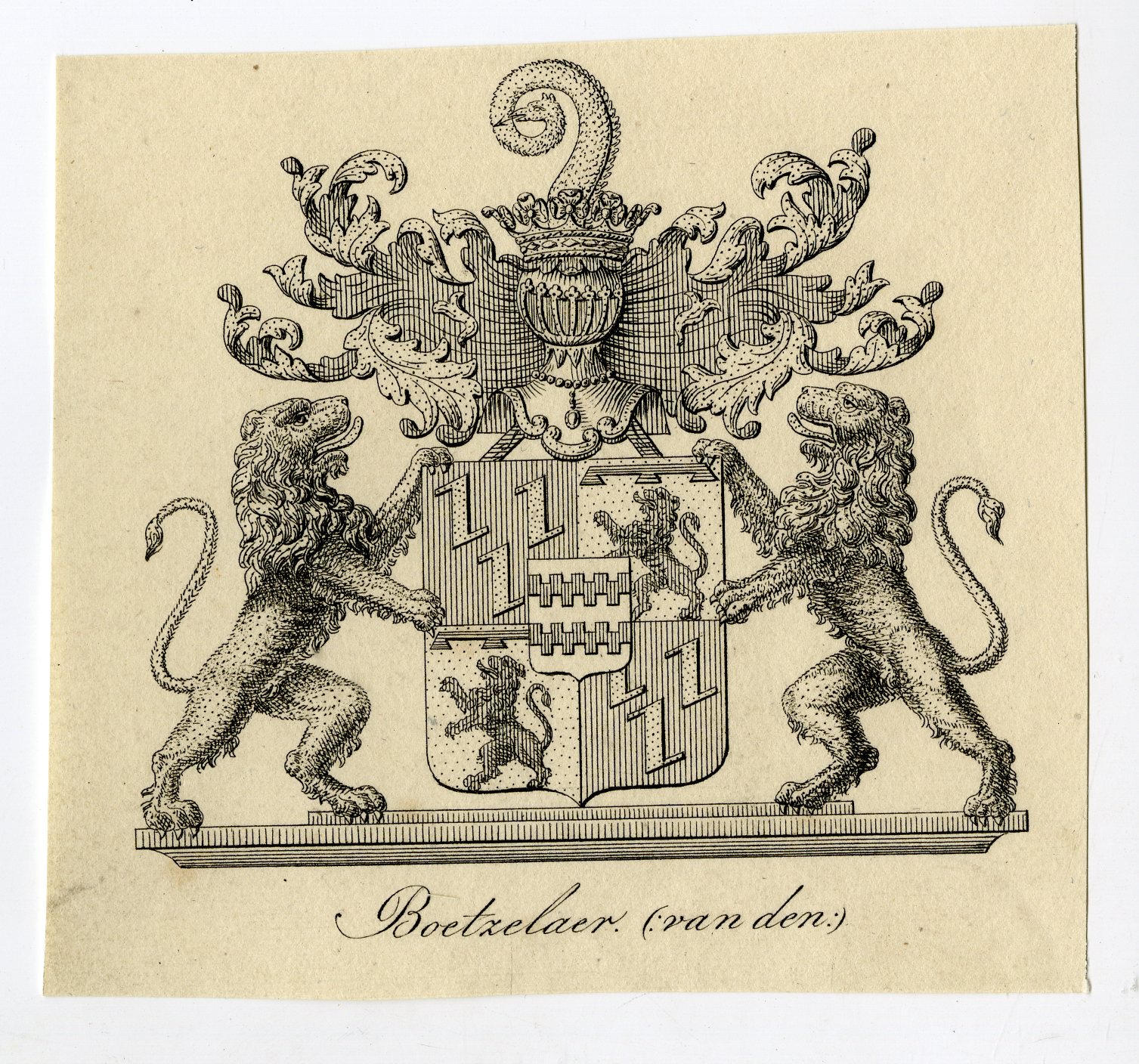 , Antique Print-COAT OF ARMS-FAMILY CREST-VAN DER BOETZELAER-Weleveld-1830, Pictura Antique Prints