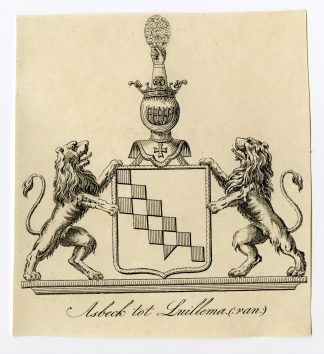 2 Antique Prints-COAT OF ARMS-FAMILY CREST-VAN ASBECK- LUILLEMA-Weleveld-1830