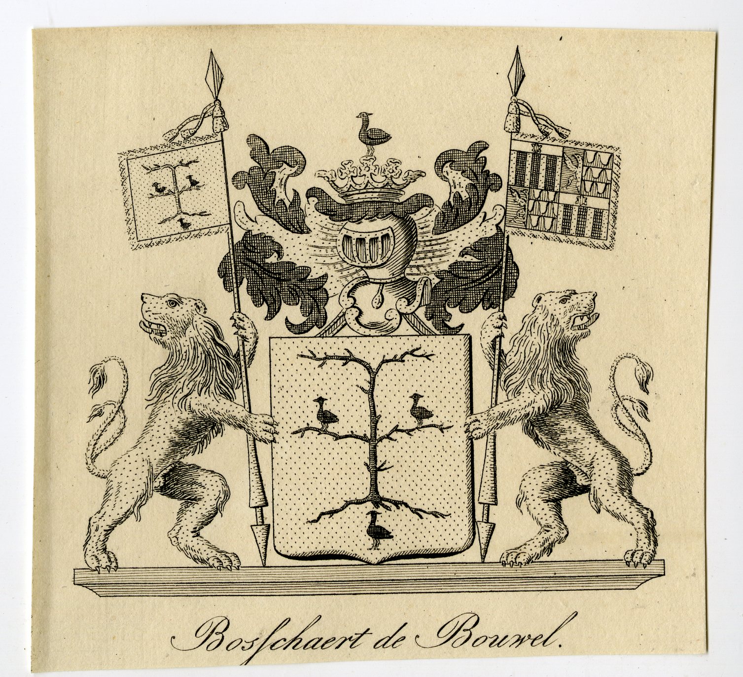 , Antique Print-COAT OF ARMS-FAMILY CREST-BOSFCHAERT DE BOUWEL-Weleveld-1830, Pictura Antique Prints