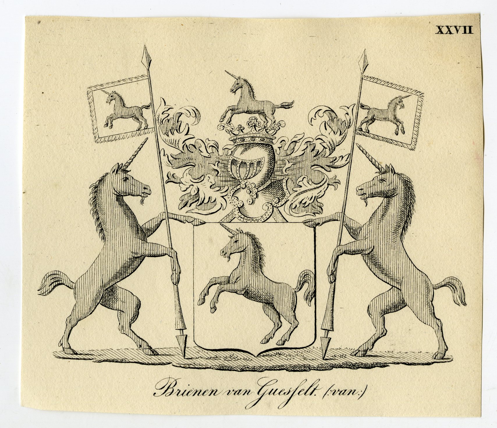 , Antique Print-COAT OF ARMS-FAMILY CREST-VAN BRIENEN-GUESFELT-Weleveld-1830, Pictura Antique Prints
