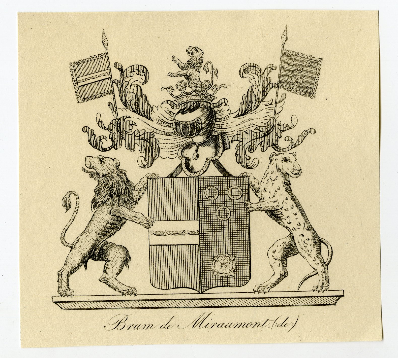 , Antique Print-COAT OF ARMS-FAMILY CREST-DE BRUM-DE MIRAUMONT-Weleveld-1830, Pictura Antique Prints