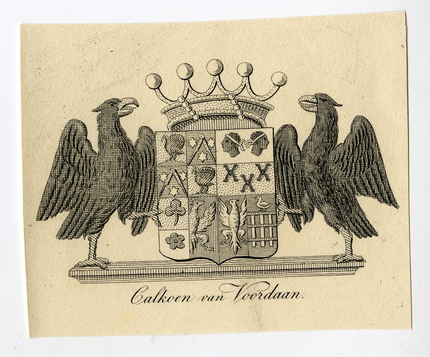 , Antique Print-COAT OF ARMS-FAMILY CREST-CALKOEN VAN VOORDAAN-Weleveld-1830, Pictura Antique Prints