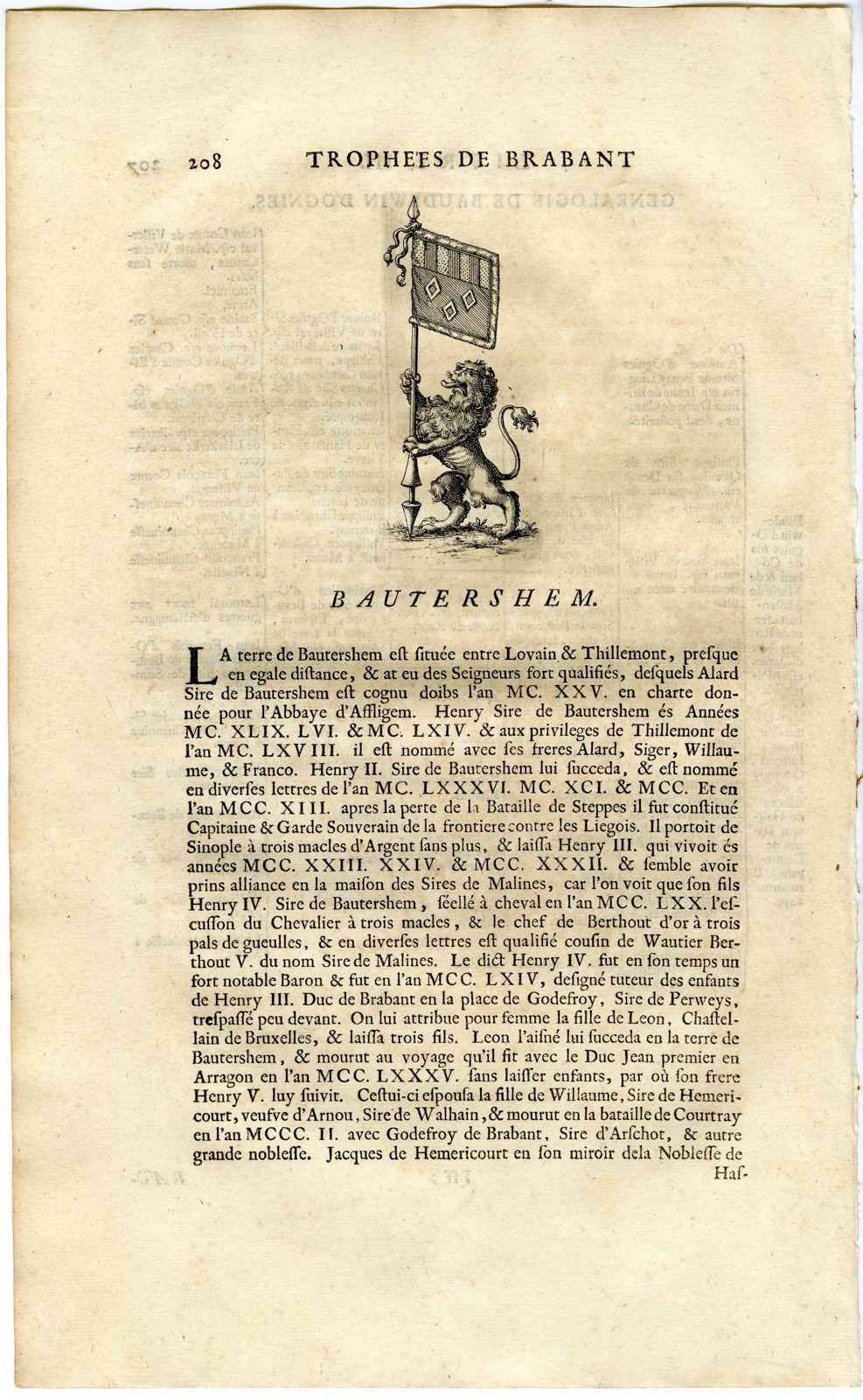 , Antique Print-COAT OF ARMS-BAUTERSHEM-BOUTERSEM-Butkens-1724, Pictura Antique Prints