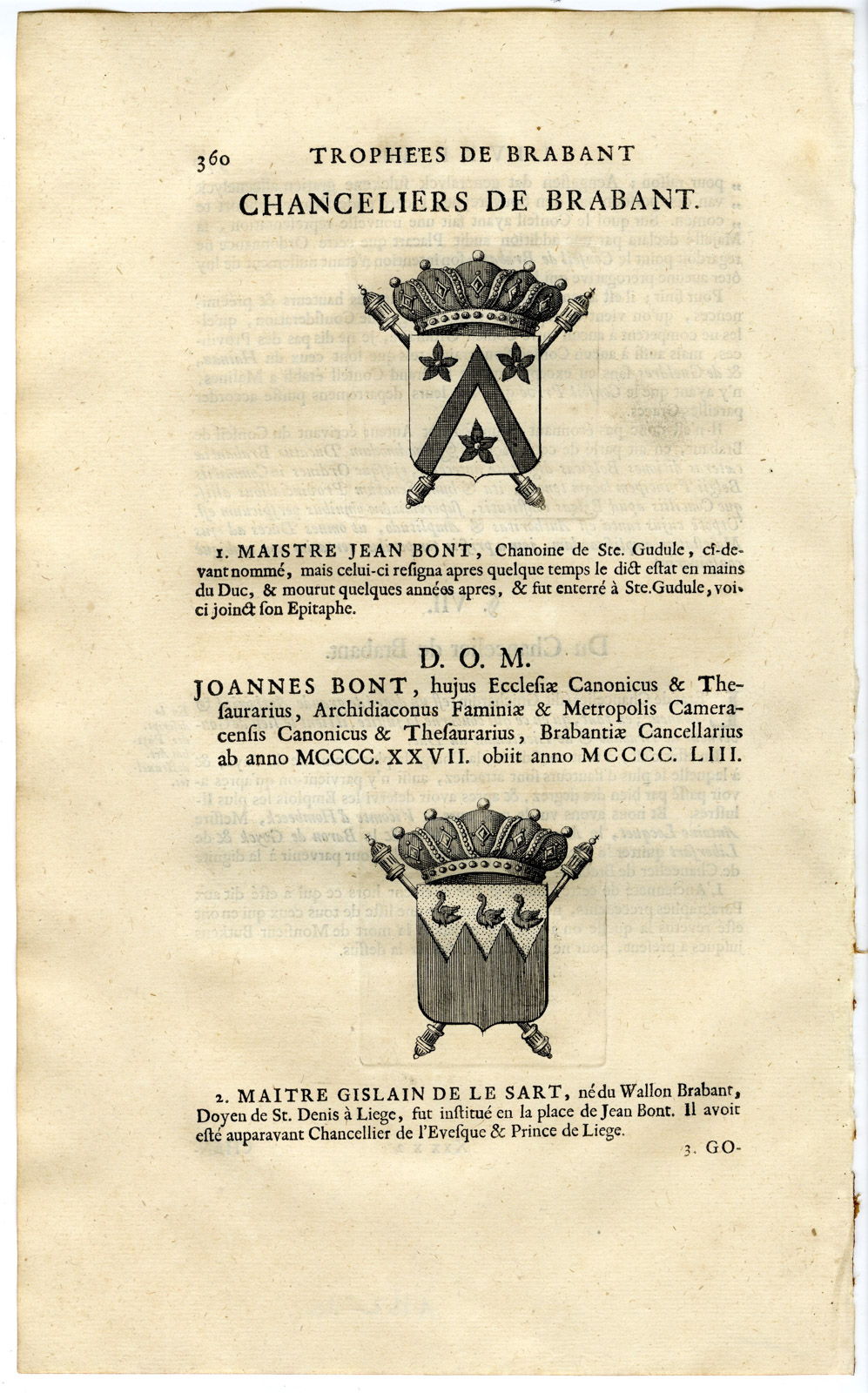 , Antique Print-COAT OF ARMS-CHANCELLORS-JEAN BONT-GISLAIN DE LE SART-Butkens-1724, Pictura Antique Prints