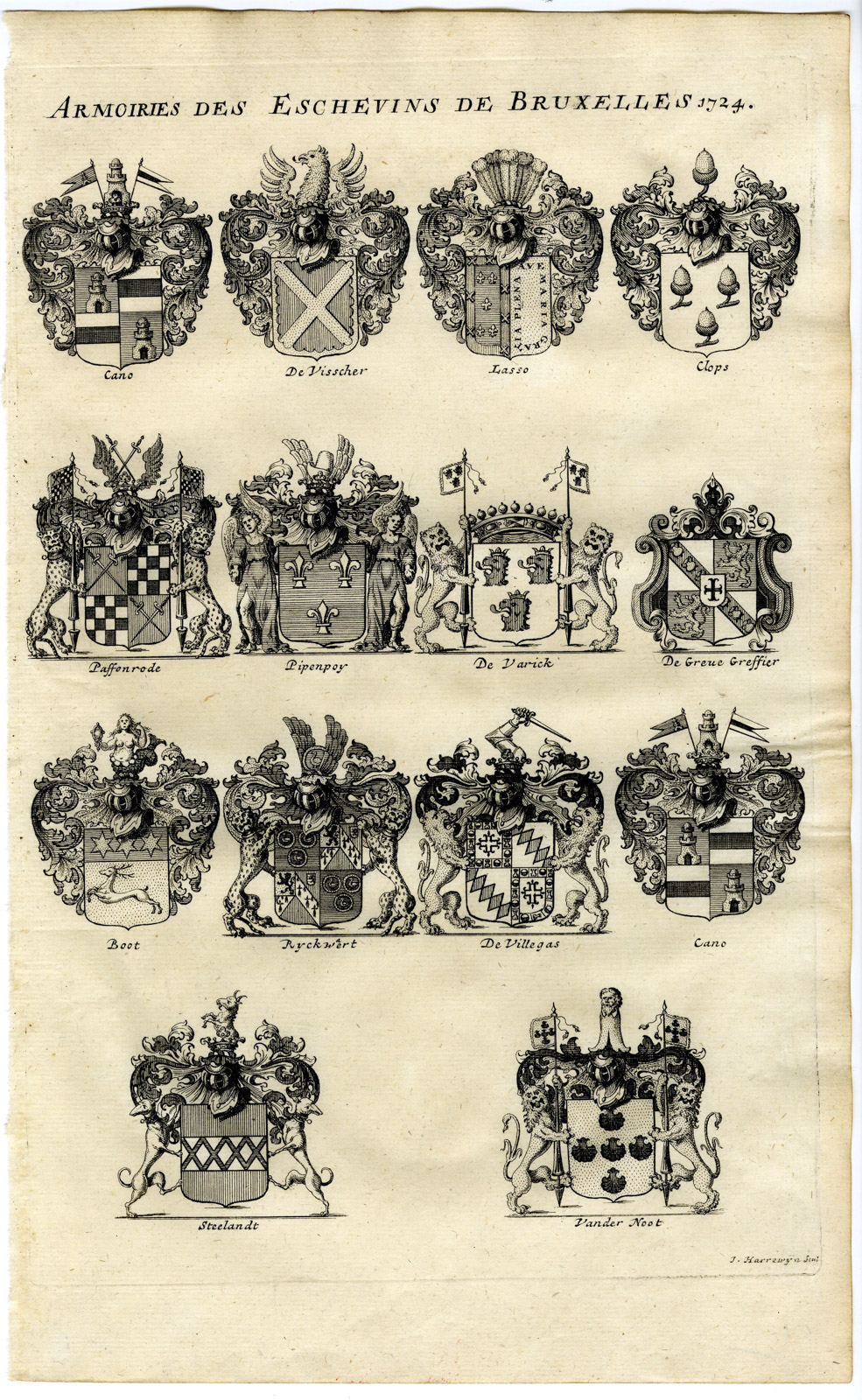 , Antique Print-COAT OF ARMS-MAGISTRATES OF BRUXELLES-Butkens-1724, Pictura Antique Prints