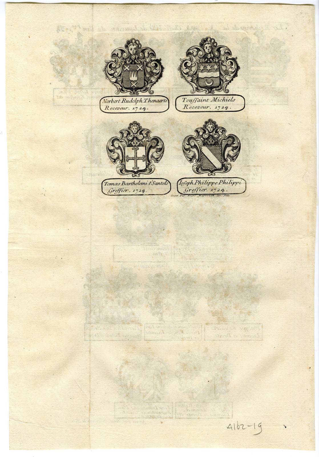 , Antique Print-COAT OF ARMS-THE ALDERMEN-LOUVAIN-Butkens-1724, Pictura Antique Prints