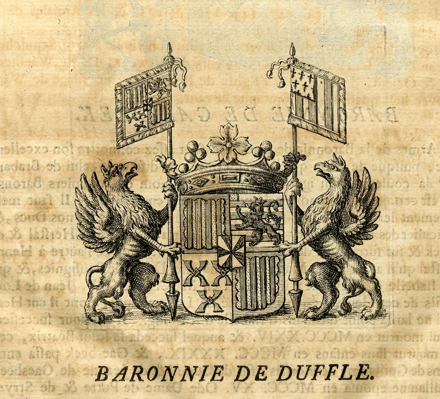 , Antique Print-COAT OF ARMS-BARONY DE DUFFLE-GAESBEEK-MERODE-Butkens-1724, Pictura Antique Prints