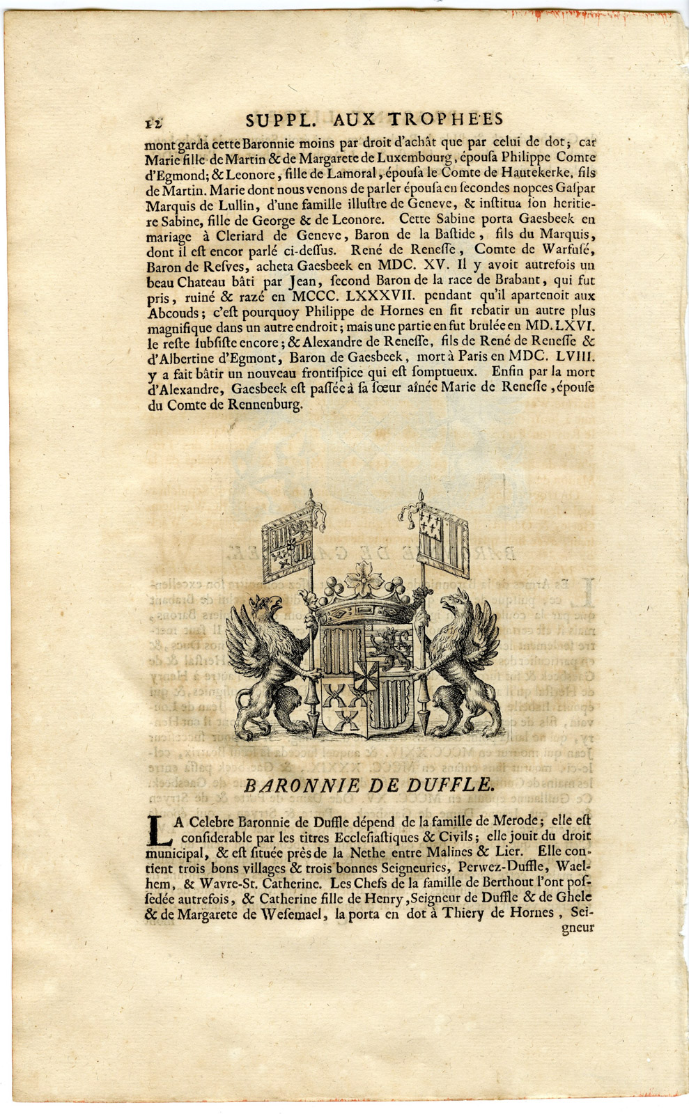 , Antique Print-COAT OF ARMS-BARONY DE DUFFLE-GAESBEEK-MERODE-Butkens-1724, Pictura Antique Prints