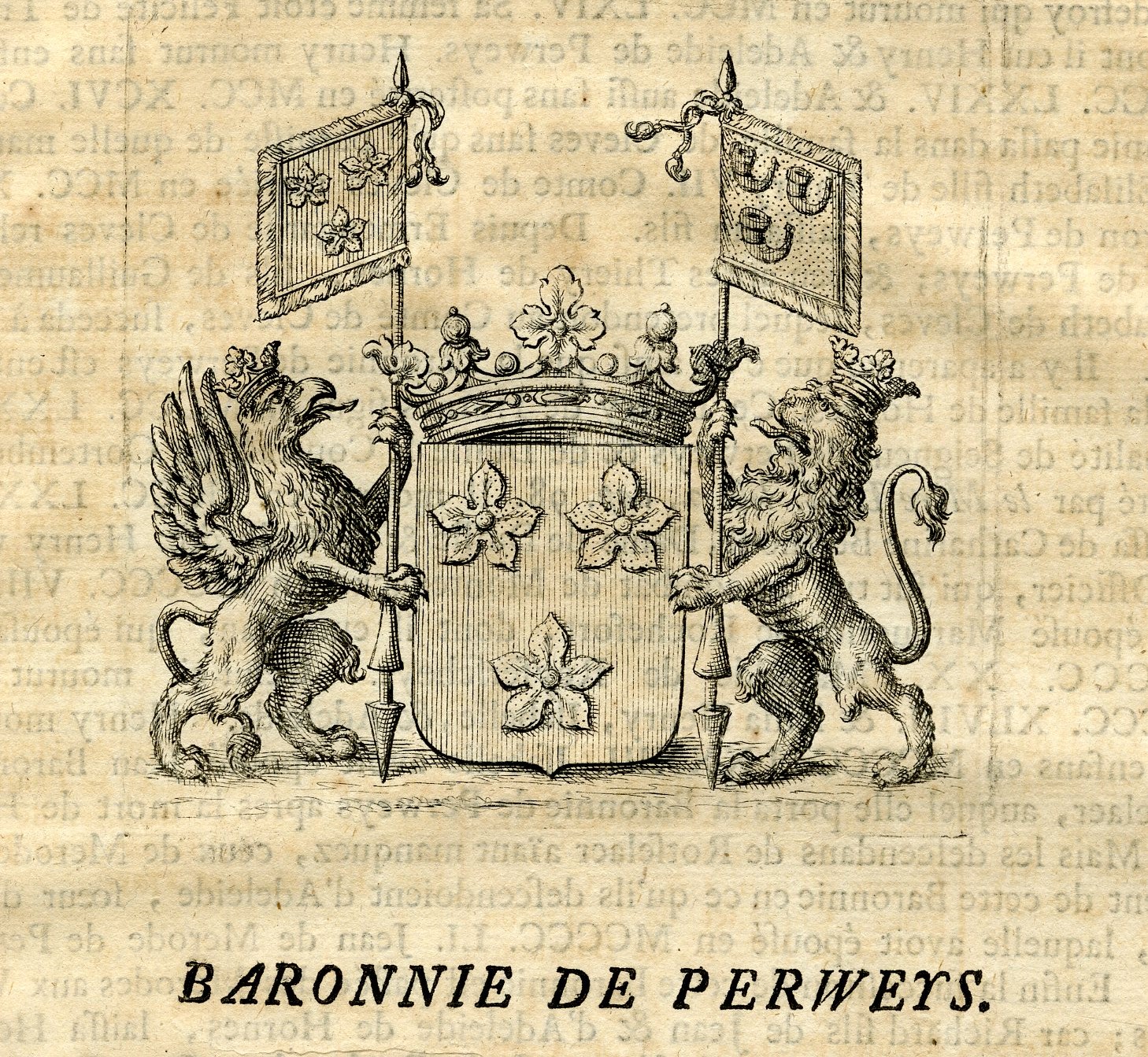 , Antique Print-COAT OF ARMS-BARONY DE PERWEYS-Butkens-1724, Pictura Antique Prints