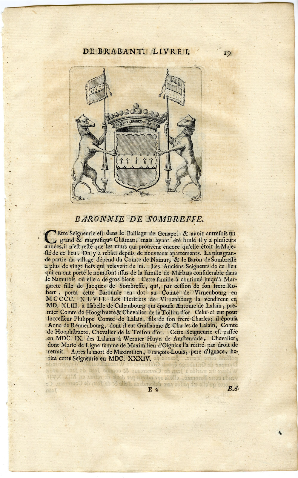 , Antique Print-COAT OF ARMS-BARONY DE JAUCHE-GETEN-SOMBREFFE-Butkens-1724, Pictura Antique Prints