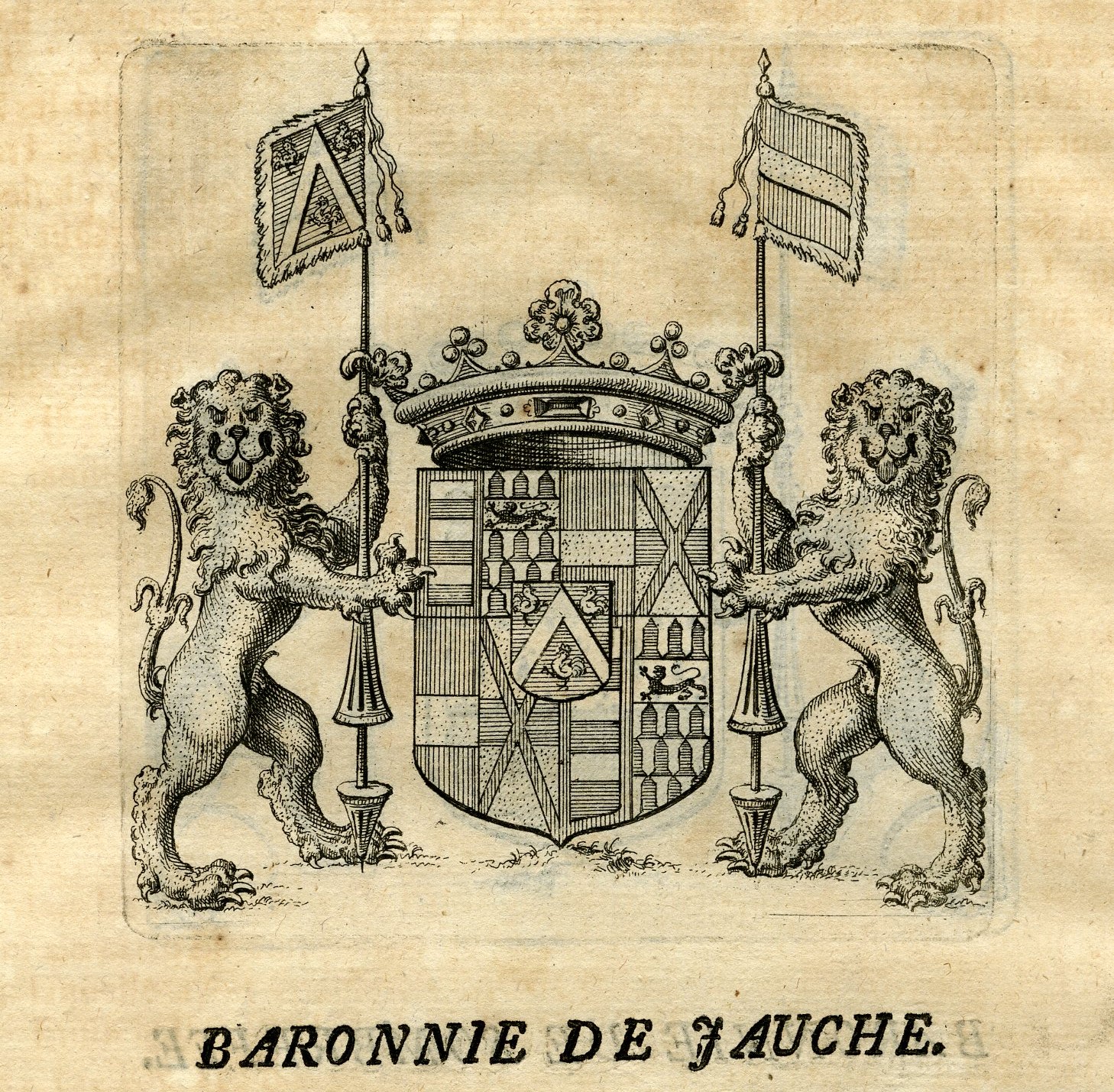 , Antique Print-COAT OF ARMS-BARONY DE JAUCHE-GETEN-SOMBREFFE-Butkens-1724, Pictura Antique Prints