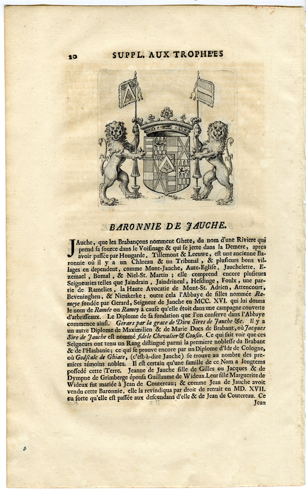 , Antique Print-COAT OF ARMS-BARONY DE JAUCHE-GETEN-SOMBREFFE-Butkens-1724, Pictura Antique Prints