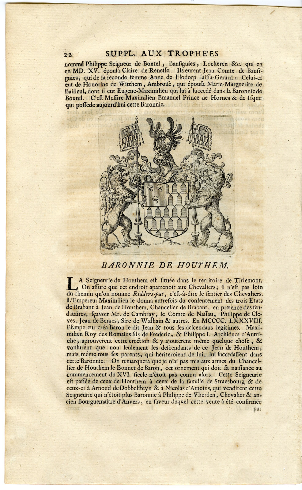 , Antique Print-COAT OF ARMS-BOXTEL-HOUTHEM-Butkens-1724, Pictura Antique Prints