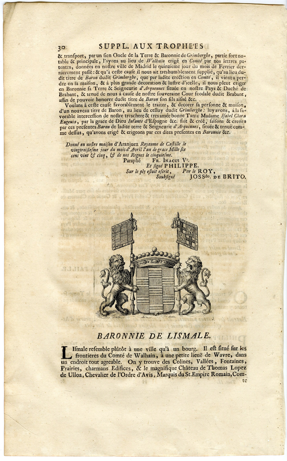 , Antique Print-COAT OF ARMS-BARONY OF LISMALE-LINSMEEL-Butkens-1724, Pictura Antique Prints