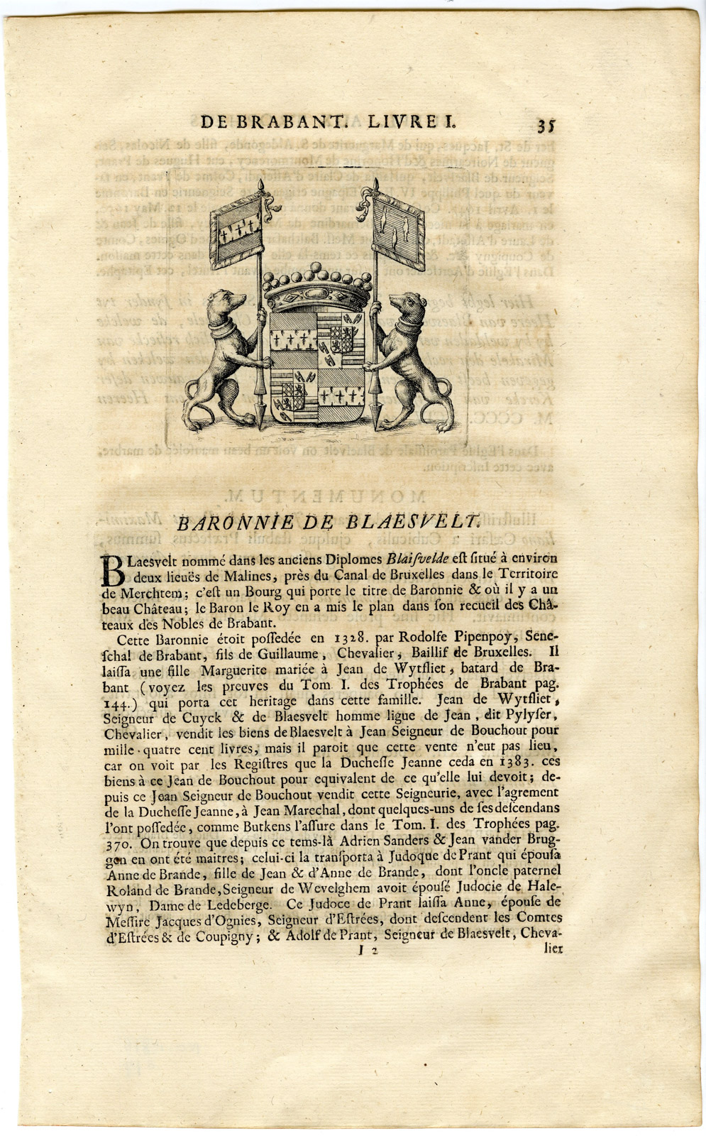, Antique Print-COAT OF ARMS-BARONY OF BLAESVELT-BLAASVELD-Butkens-1724, Pictura Antique Prints