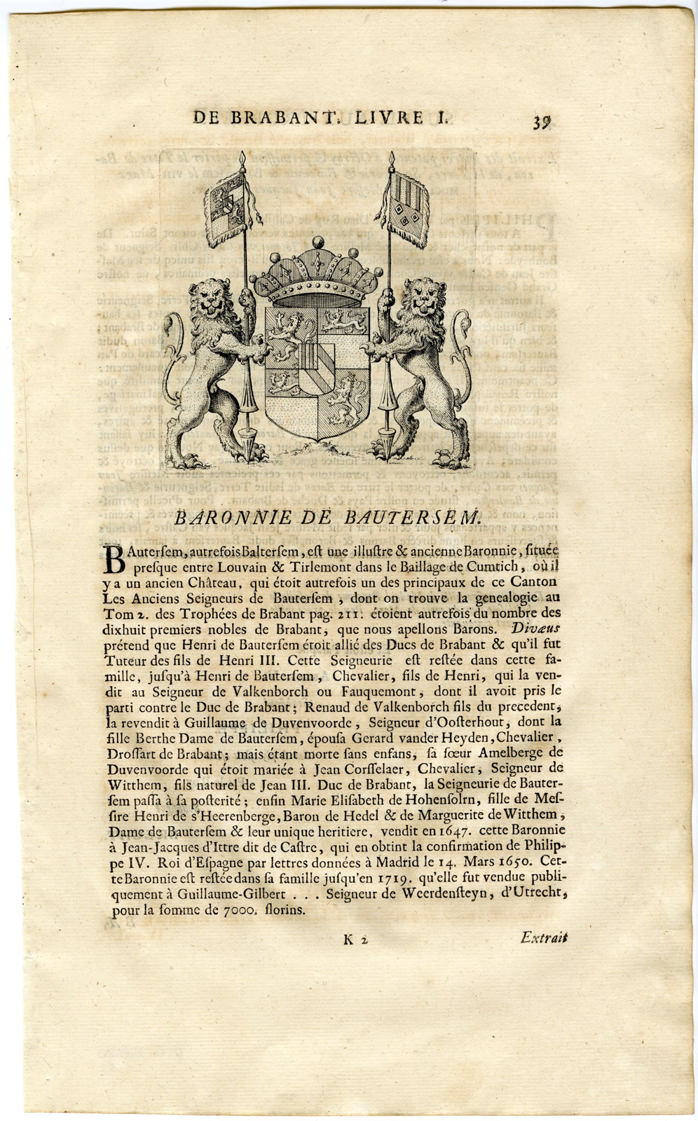 Pco 15821 416x668 Antique Print-COAT OF ARMS-BARONY OF BAUTERSEM-BOUTERSEM-Butkens-1724 - Image 2
