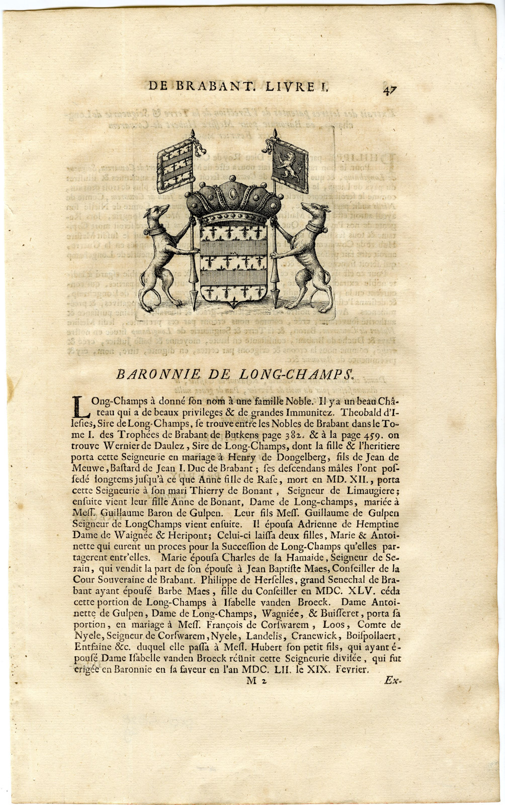 , Antique Print-COAT OF ARMS-BARONY OF LONGCHAMPS-Butkens-1724, Pictura Antique Prints